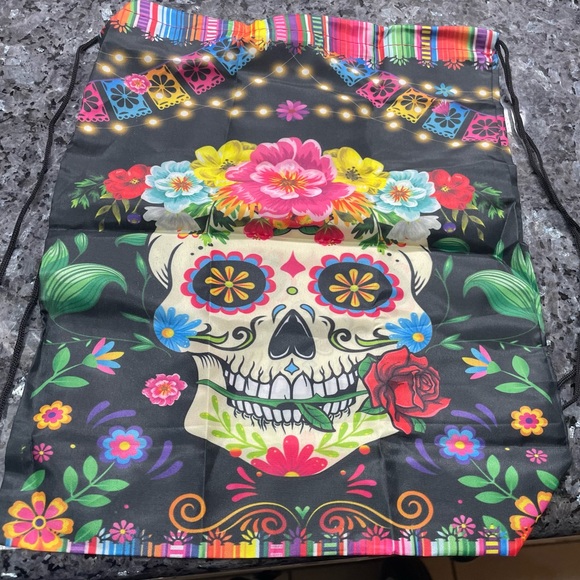 Dia De Los Muertos sugar skull colorful drawstring small backpack / NIP - Picture 4 of 6